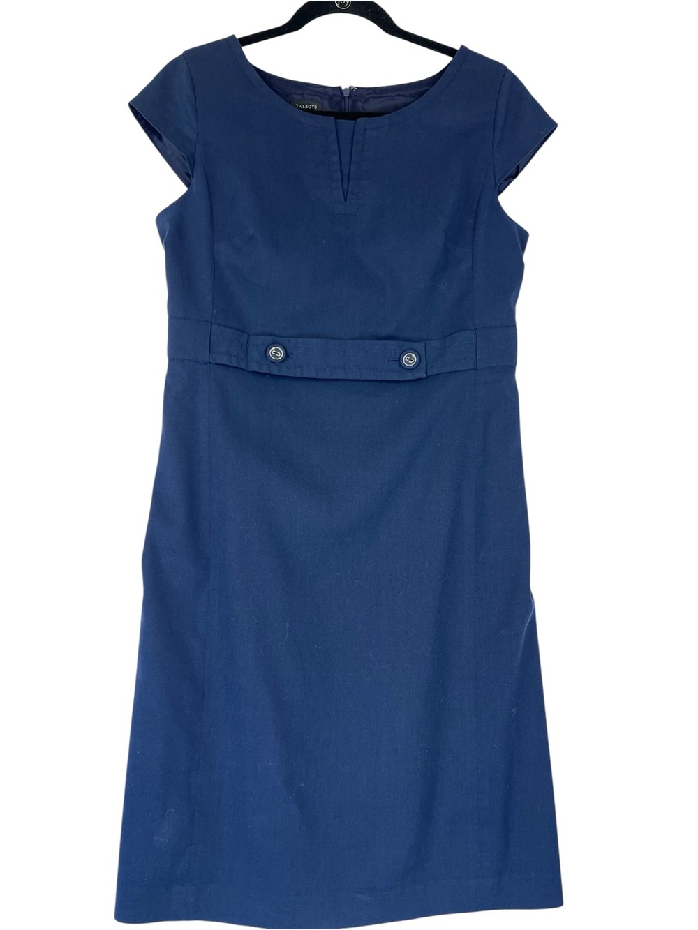 Talbots Blue Cap Sleeve Sheath Dress Sz 8 Nautical Button Belt Office Career